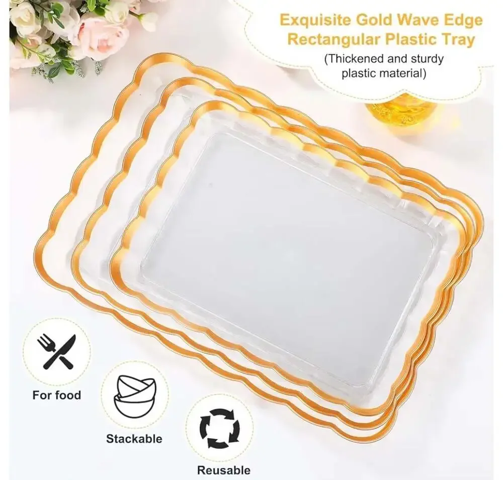 3-Piece Set Gold Wave Edge Rectangular Plastic Serving‎ Trays
